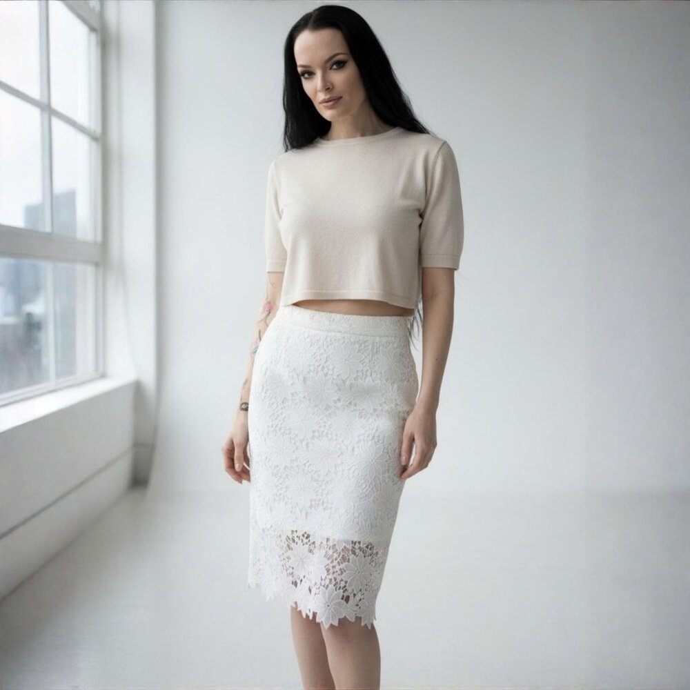 Lulu’s ✦ White Floral Lace Pencil Skirt Lined Back Zipper ✦ Straight Silhouette